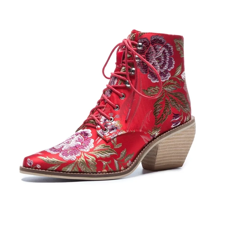 نساء الكاحل بالإضافة إلى الحجم 2228 سم الأحذية على الطراز الصيني مطرزة الزهور الزرقاء Fortune Flower Boots 220810