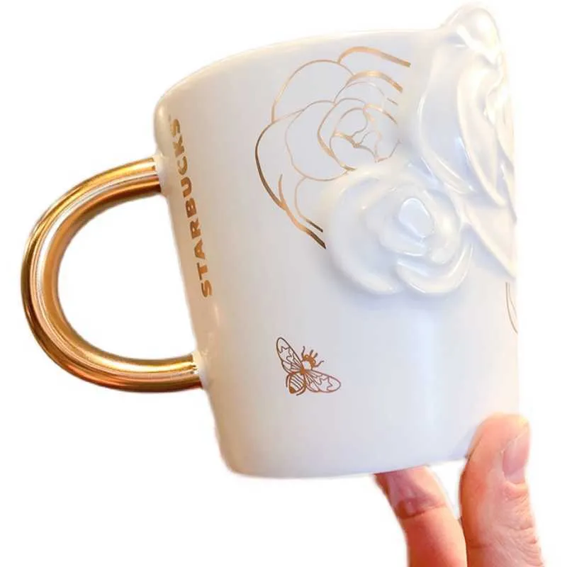 Starbucks cup 2022 three-dimensional camellia flower Mug gold handle white relief office coffee cup