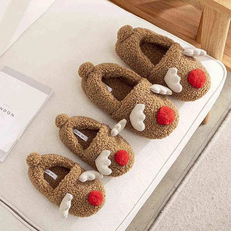 2022 Рождественские тапочки для оленей Женщины зимние мягкие хлопковые слайды, родительские, нечеткие теплые плюшевые помещения для спальни, домашние обувь G220730