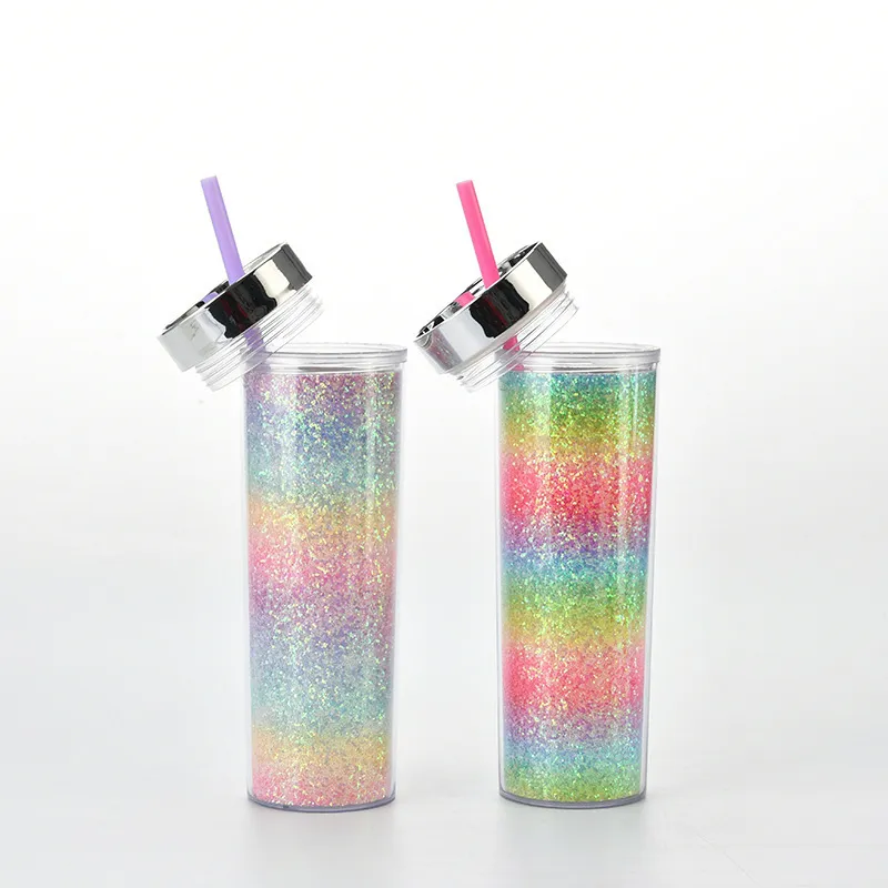 16oz radient Rainbow Double Layer Plastic Cups with Lid and Straw Beautiful Straight Cold Drink Cup Tumbler Coffee Travel Mug 220509