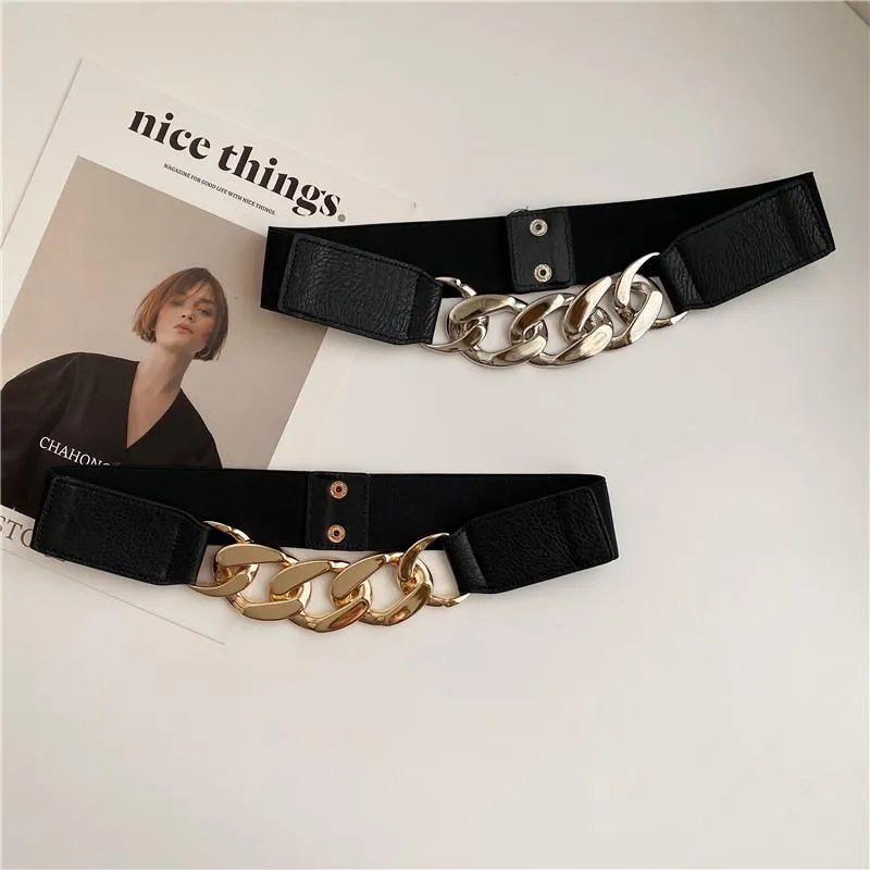 Ceinture dames fashion elastic ceinture personnalité punk or et argent boucle avec pantalon de robe