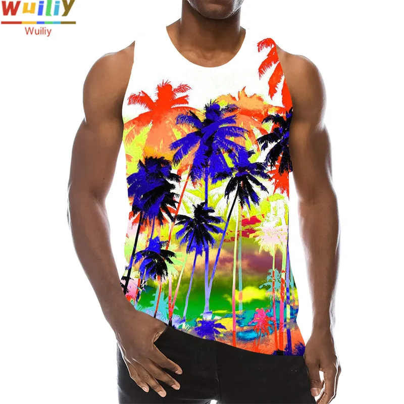 Palmträd grafisk tank top för män 3D-tryck ärmlös strandhampa palmmönster toppar färg väst hawaii färgglad pigment t-shirt 220505