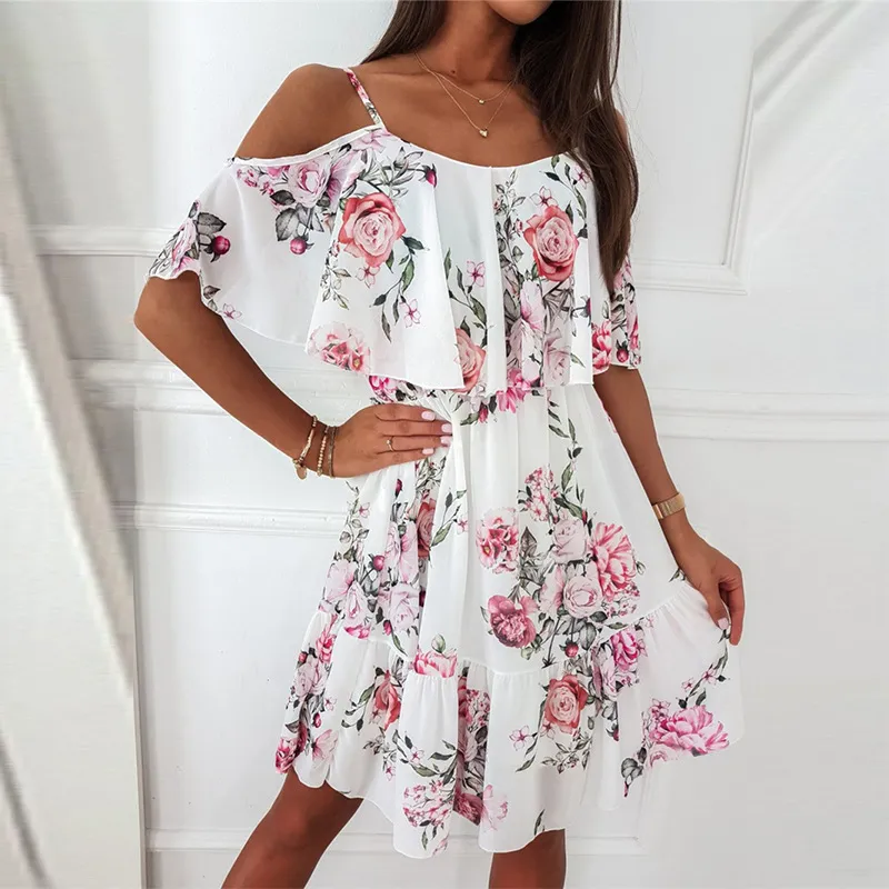 Été Femme Sexy Spaghetti Strap Off Épaule Imprimé Floral Robe Élégante Casual Dames En Mousseline De Soie Plage Boho Robes Vestidos 220406