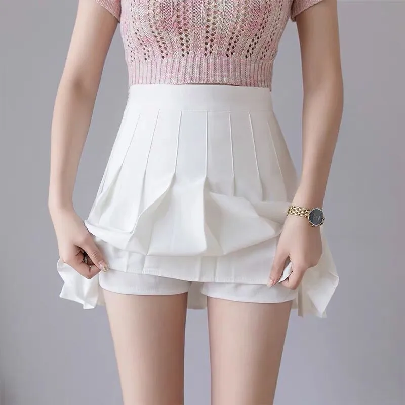 QRWR Fashion Kawaii Sommar Kvinnor Kjolar Hög midja Gullig söt tjejs pläterade kjol Koreansk stil mini för 220317