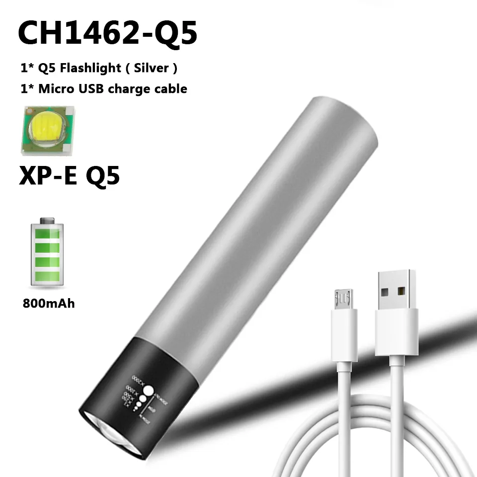 Lampe de poche LED Rechargeable par USB, avec batterie au lithium T6 intégrée de 1200mAh, étanche, lampe de camping, Zoomable, nouvelle collection