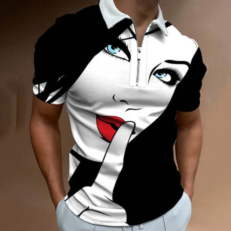 Skjortor för män Ansikte Konsttryck Kortärmad Tshirts Streetwear Mens Kläder Grafisk T-shirts Slå ner Collar Zipper Toppar 220407