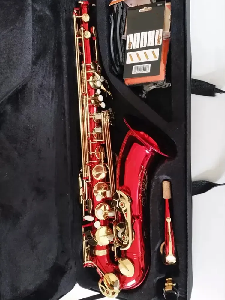 Red B-Key Professional Tenor Saxophone Brass Graving Grovalted Pattern Professional Conten Tone Toneor Sax Jazz Instrument