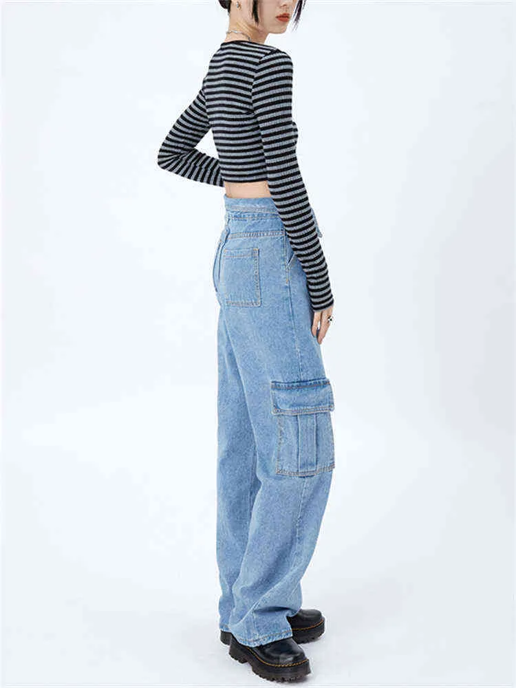 Lichtblauwe revers jeans dames zomer Amerikaans ontwerp meerdere zakken straatstijl rechte brede benen denim broek vrouwelijk T220728