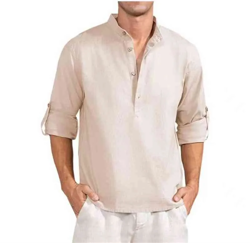 2022 New Men 's Casual Blouse Cotton Linen 셔츠 느슨한 탑 긴 소매 티 셔츠 봄 여름 패션 풀오버 남자 T 셔츠 L220704