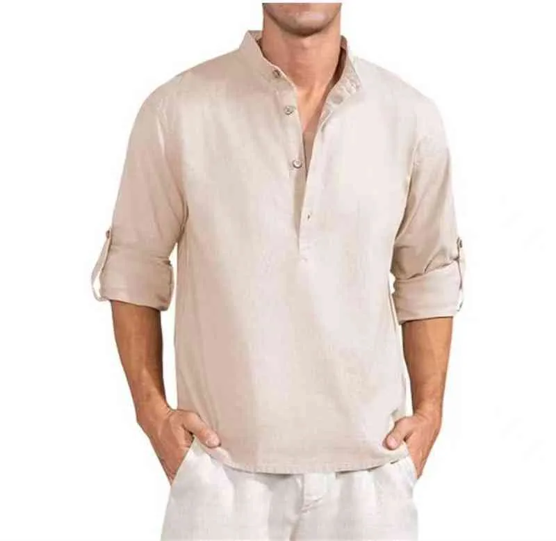 2022 nuovi uomini camicetta casual camicia di lino in cotone magliette larghe maglietta a maniche lunghe primavera estate moda pullover magliette da uomo L220704