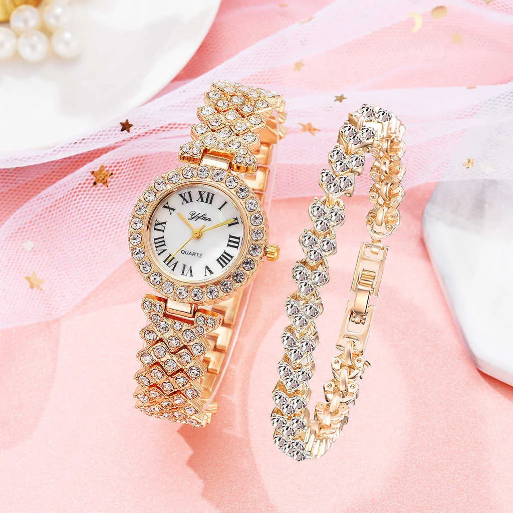 Orologio da donna di lusso in oro rosa Orologio da polso con diamanti al quarzo da donna alla moda Elegante braccialetto femminile Orologi Set da 2 pezzi