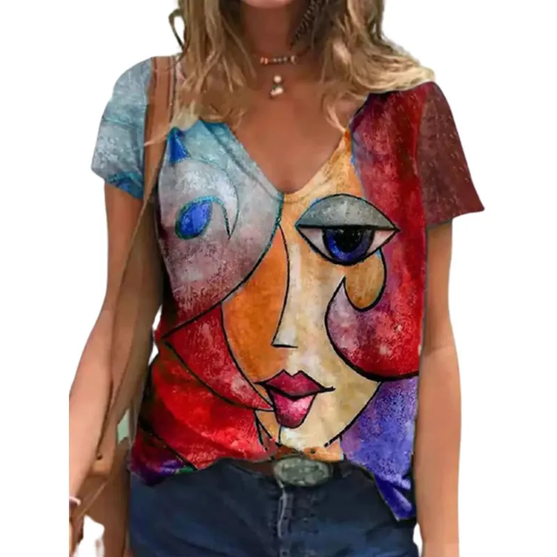 Kvinnors avslappnade tshirt Summer V Neck Art Print Kort ärm T-shirt Vintage Y2K överdimensionerad streetwear tee tops kvinnlig skjorta s-5xl 220616