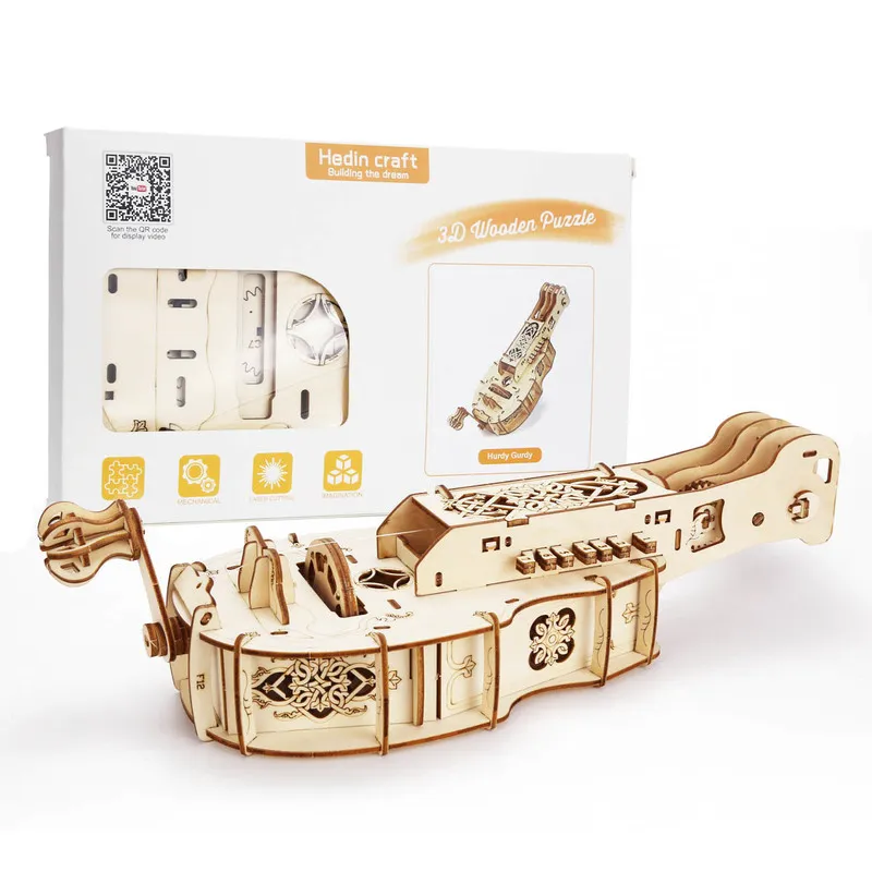 Hurdy Gurdy 기계 모델 DIY 악기 3D 나무 퍼즐 빌딩 키트 성인과 어린이를위한 생일 선물 220715