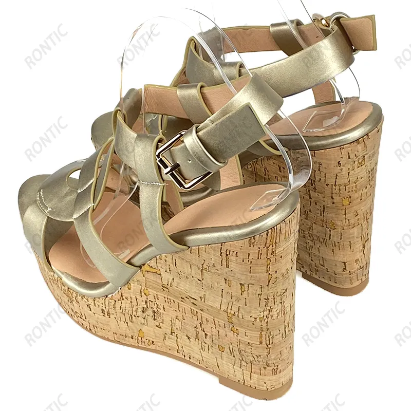 RONTIC HOT Handgemaakte Dames Platform Sandalen Wiggen Hakken Open Teen Gesp Strap Fabulous Gold Silver Party Schoenen Maat 34 45 47 52