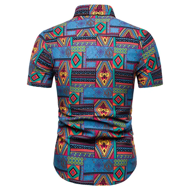 Mens Cotton Linen Dress Shirt Fashion Vintage African Ethnic Print Men Slim Fit Short Sleeve Hawaiian s Camisas 220322