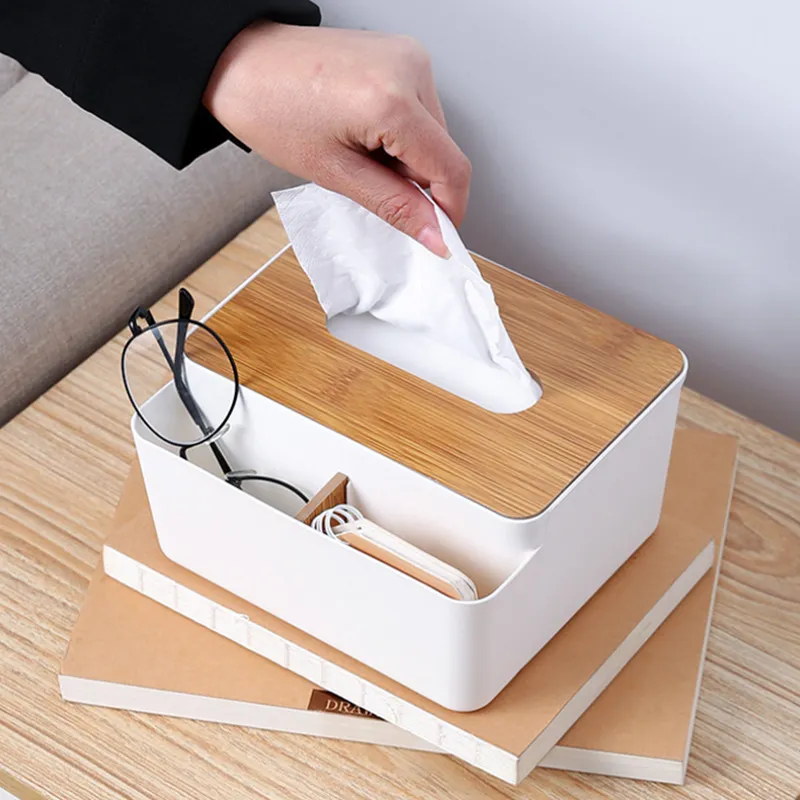 Box Storage Organizer with Wooden Lid for Tissue Paper Makeup Packaging Case Multi-Compartments Phone Desktop Holder 220507