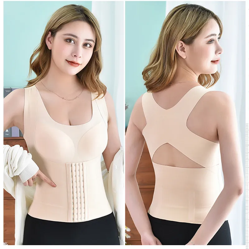 Femmes 3in1 Body Shapewear Posture Correcteur Sous-vêtements Tummy Control Back Support Push Up Soutien-gorge Shaper Gilet Slim Débardeur Corset 220812