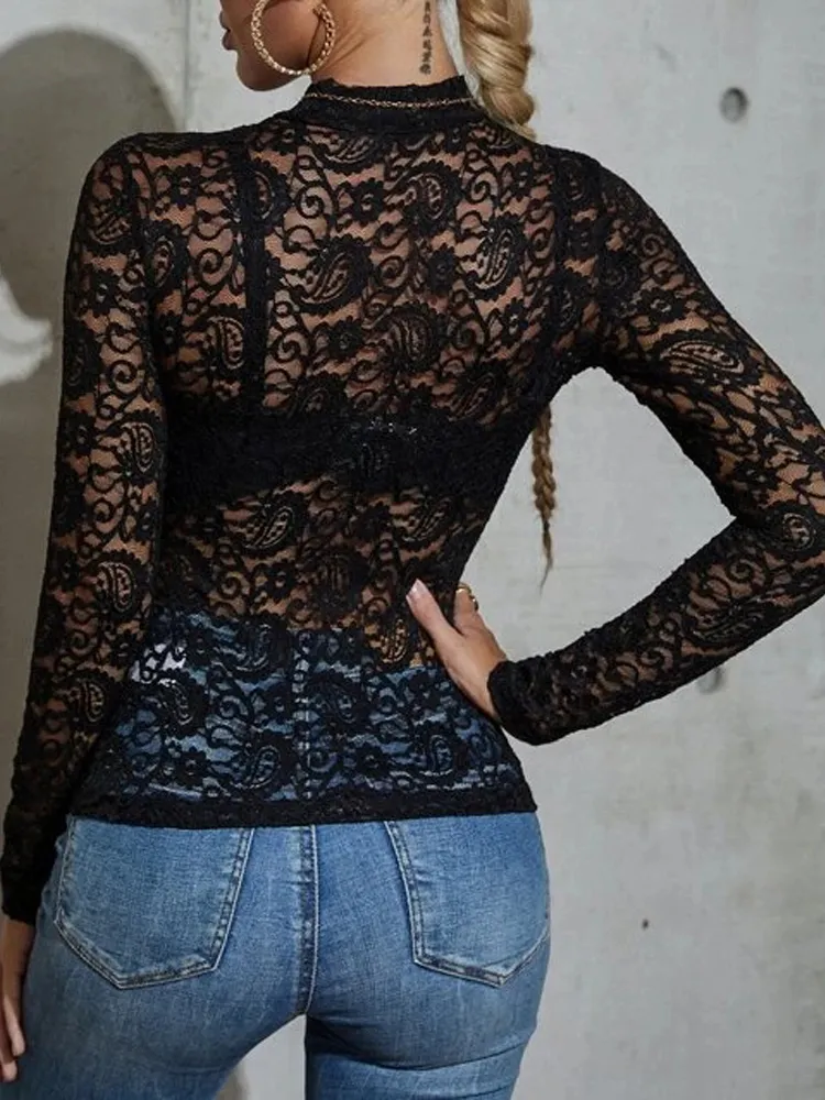 Hollow Out Floral Lace Blouse Women Elegant Long Sleeve Top Vintage Female Shirt Korean Chic Black Transparent Sexy Cropped Tops 220623