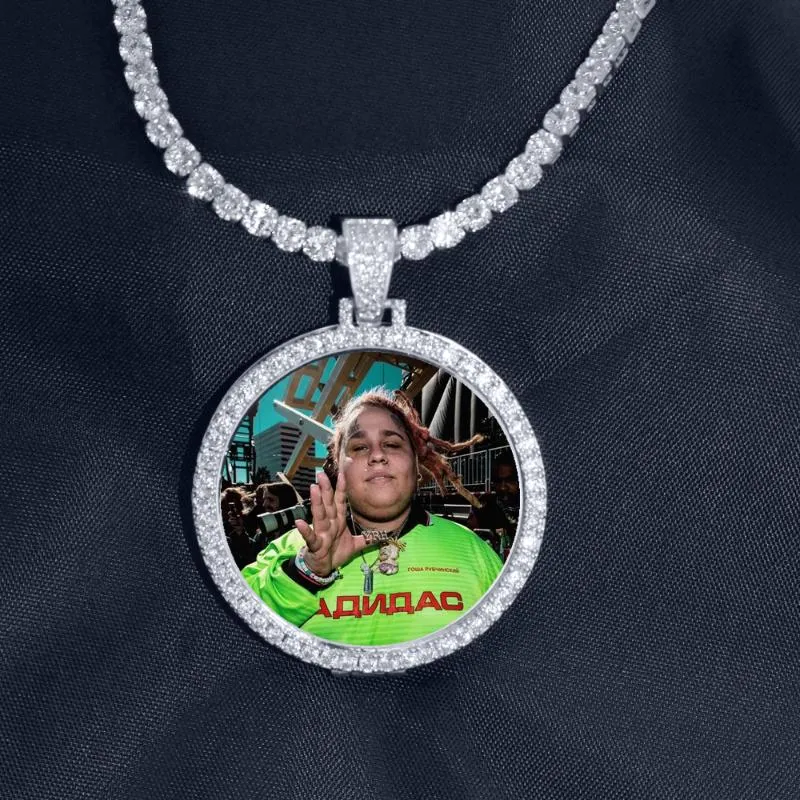 Colares de pingente redondo po personalizado medalhões imagem colar tênis corrente cor de ouro zircão cúbico masculino hip hop je259q