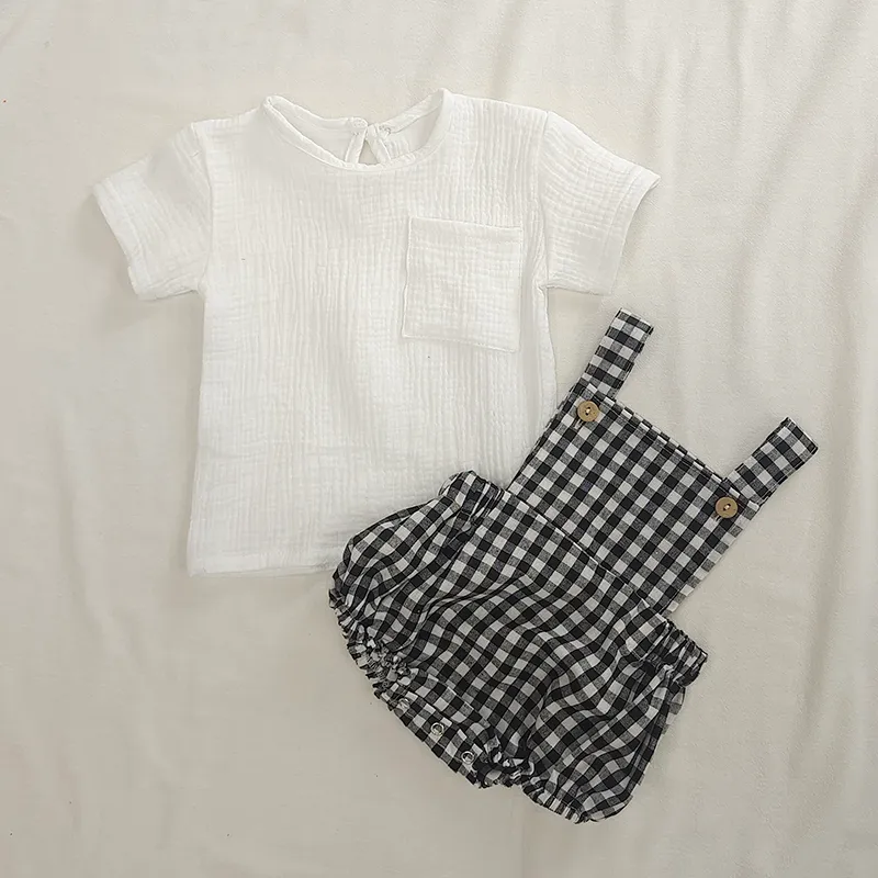 Summer Baby Baby Baby Boys девочки белая футболка   клетчатые брюки для брюк для малышей модную комбинезон набор 220509