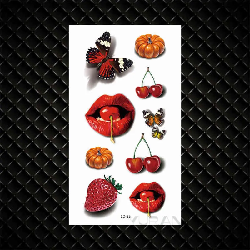 NXY 임시 문신 새로운 생생한 3D 빨간 입술 체리 딸기 호박 디자인 플래시 스티커 남성 여성 바디 아트 가짜 G3D33 0330