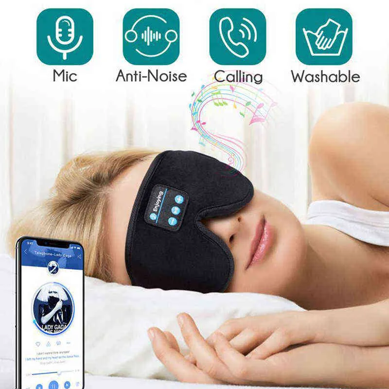 Masque de sommeil 3D Eye HeadSet Bandeau Doux Élastique Confortable Casque de Musique Sans Fil Avec Micro Pour Les Dormeurs Latéraux 220509