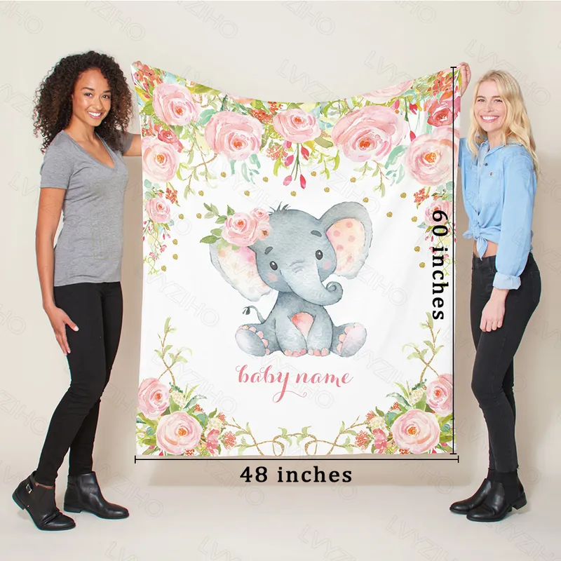 Lvyziho aangepaste naam chique bloem olifant baby meisje jongen deken30x4048x6060x80 inch flanel fleece deken 220524