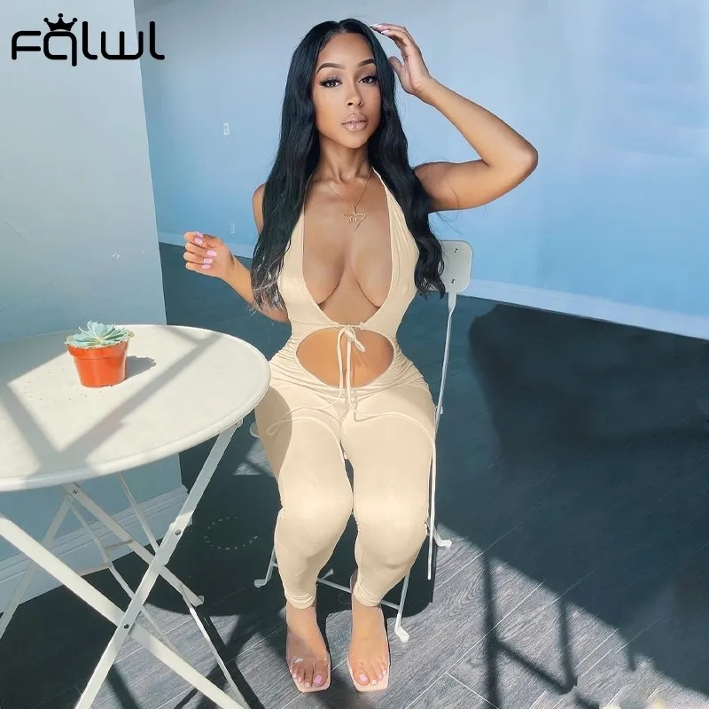 fqlwl Streetwear bandage Outfit Ladies Jumpsuit Women Summer Hollow Out Backless Halter Sexy BodyConジャンプスーツ220620