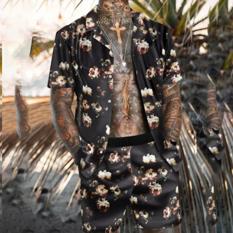 Summer Beach Fashion Flower Stampa due pezzi Set uomo Camicia a maniche corte Pantaloncini Abiti Hawaiian Casual Outfit maschile 220704