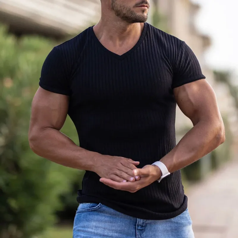 Mens V Neck Summer Gym Fitness Sports Solid Color Fashion Man Short Sleeve Casual Slim Fit TShirt Top 220615