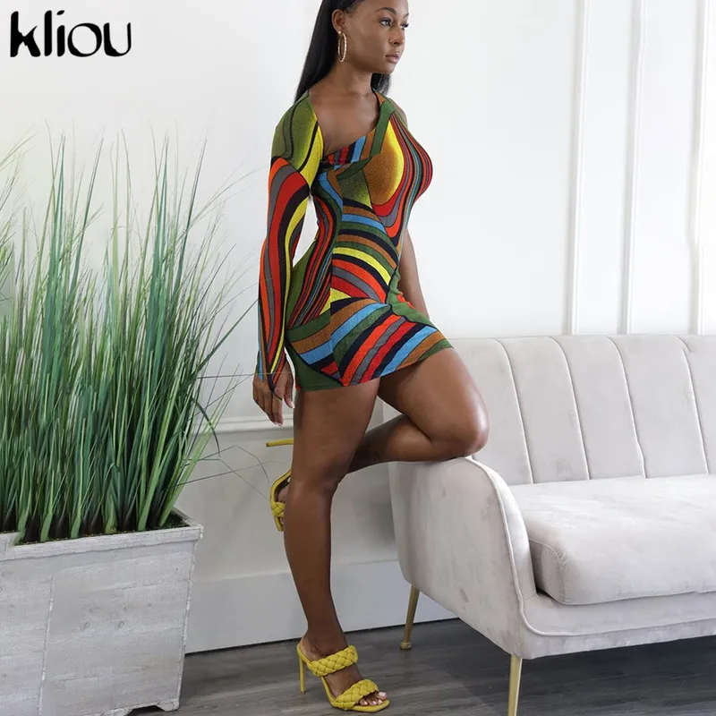 Kliou Harajuku Print Mini Dress Women Strided Cloving Sexy Slim Labely Hipster One Long Sleeve Female Clubwear 220506