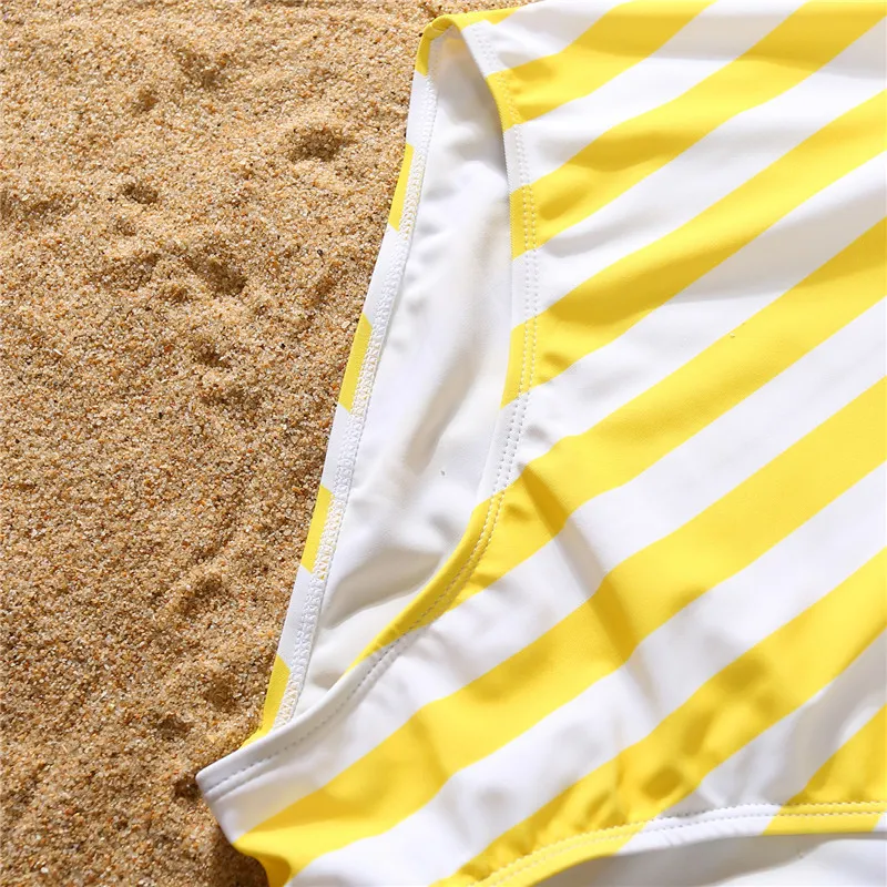 Yellow Stripe Family Matching Swimwear Women Kids Baby Girl Swimsuit Men Shorts Bathing Suit Mommy Me One peace Beachwear 220531