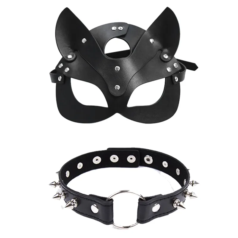 ألعاب مثيرة للأزواج PU Leather Mask Women Cosplay Cat BDSM Fetish Halloween Black Masks with Sexyy Necklace Eroticovery 5637127