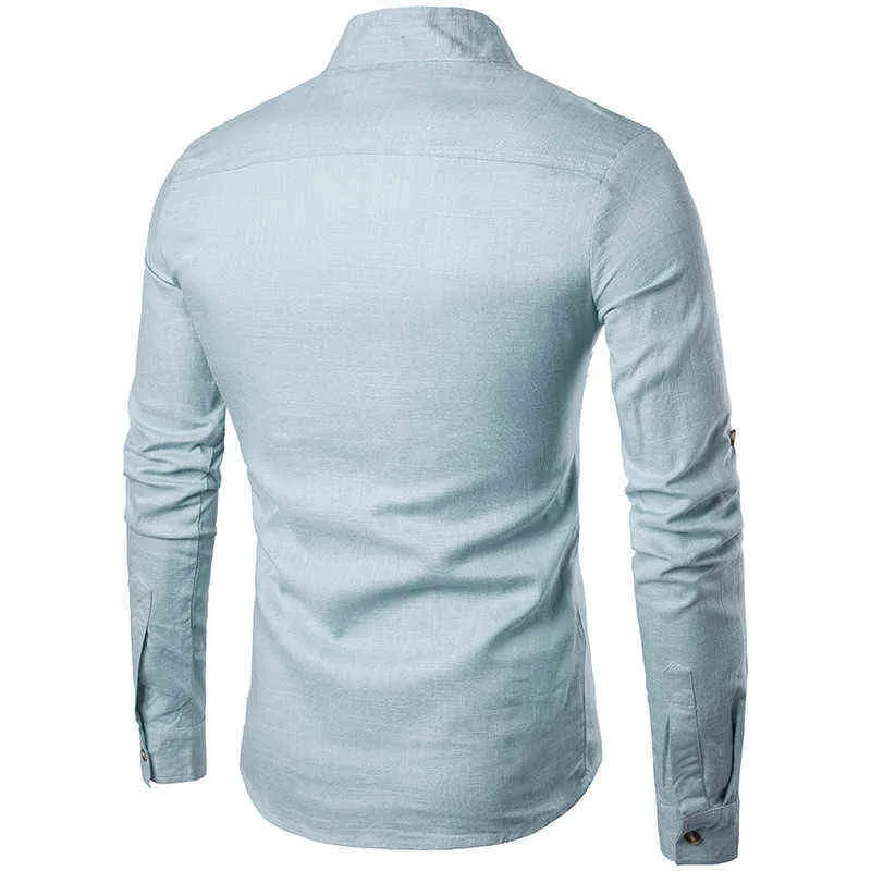 2022 Mężczyzn Koszula z długim rękawem mandarynki Koszulki stały kolor bawełniany lniany koszulka Mężczyzna Tradycyjna koszula w stylu chińskim mężczyzn Camisa L220704