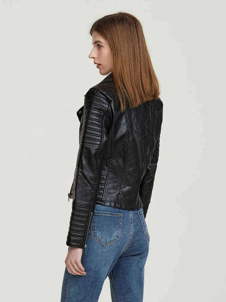 Primavera Outono Feminino Jaqueta de Couro Sintético com Zíperes com Decote em V Estilo Neutro Minimalista Jaqueta de Motocicleta Branca Branca PU Streetwear L220728