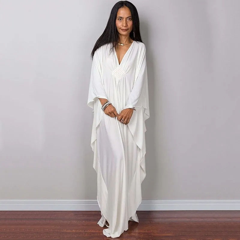 Griechische Göttin Pure White Long Dress, die feste Farbe Schwarz Kaftan High Taille Batwing Sleeve Maxi Kleider für elegante Frauen 22033885073 betäuben