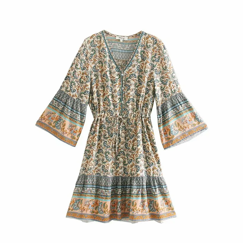 Vintage chique moda mulheres hippie floral impressão com decote em v boêmio mini vestidos verão senhoras alargamento manga algodão praia boho vestido 220531