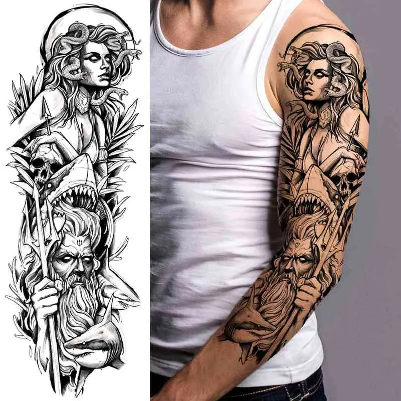 NXY Temporary Tattoo Black God Wolf Sleeve s for Women Men Adult Skull Geometric Sticker Fake Flower Full Arm Tatoos Realistic 0330