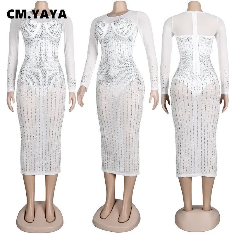 CM.YAYA Vestido de mujer Diamantes sólidos Malla transparente Vestidos de fiesta ajustados Vestidos de noche sexy Traje de moda Otoño 220516