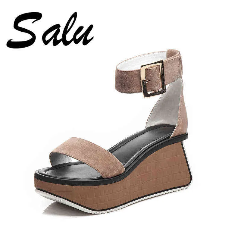 Обувь платье Salu Черные повседневные клинья сандалии для женщин классические платформы дизайн платформы каблуки старинные пряжки ремешок летняя женщина 220318