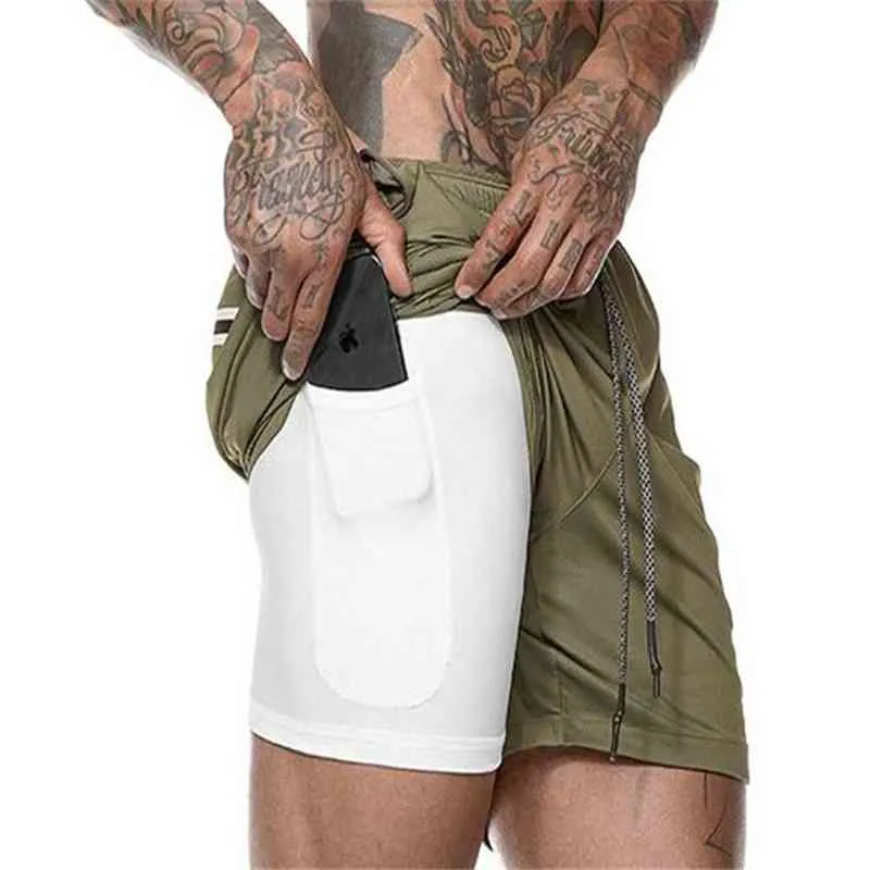 Novo telefone de bolso de bolso de shorts de shorts de academia de bolsa de camada dupla masculina