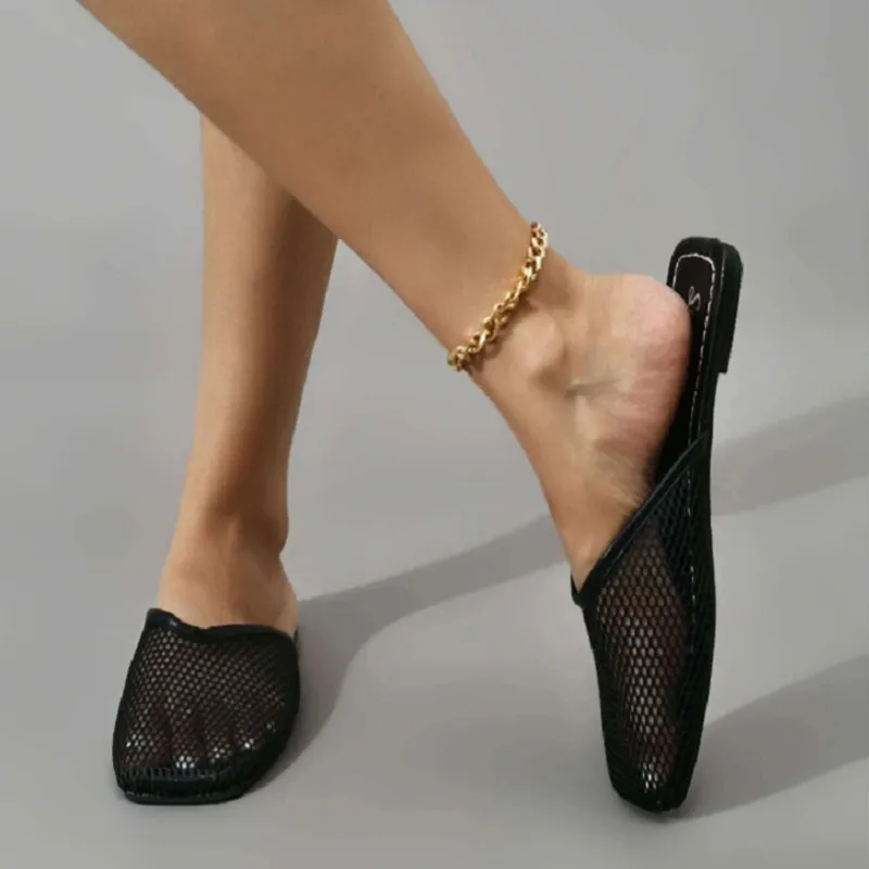 Kadın Yaz Ev Terlik Örgü Düz Ayakkabı Kare Ayak Rahat Sandalet Kadınlar için Toptan Ayakkabı Zapatos de Mujer 220326