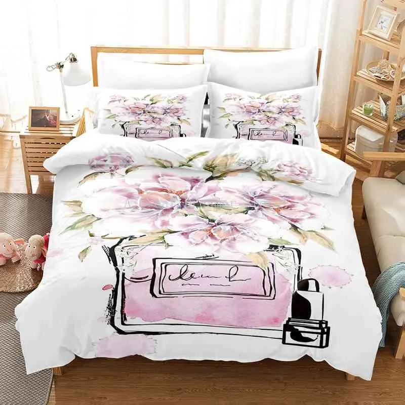 Profumo il trucco di lusso con set di biancheria da letto floreale Copripiumino rosa cosmetico Ragazze Donne Letto Tessili la casa Biancheria da letto di moda