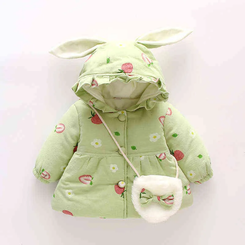 6-36 Months Baby Girls Coat Winter Thick Warm Newborn Clothes Cute Rabbit Ears Sweet Strawberry Printed Baby Coat Birthday Gift J220718