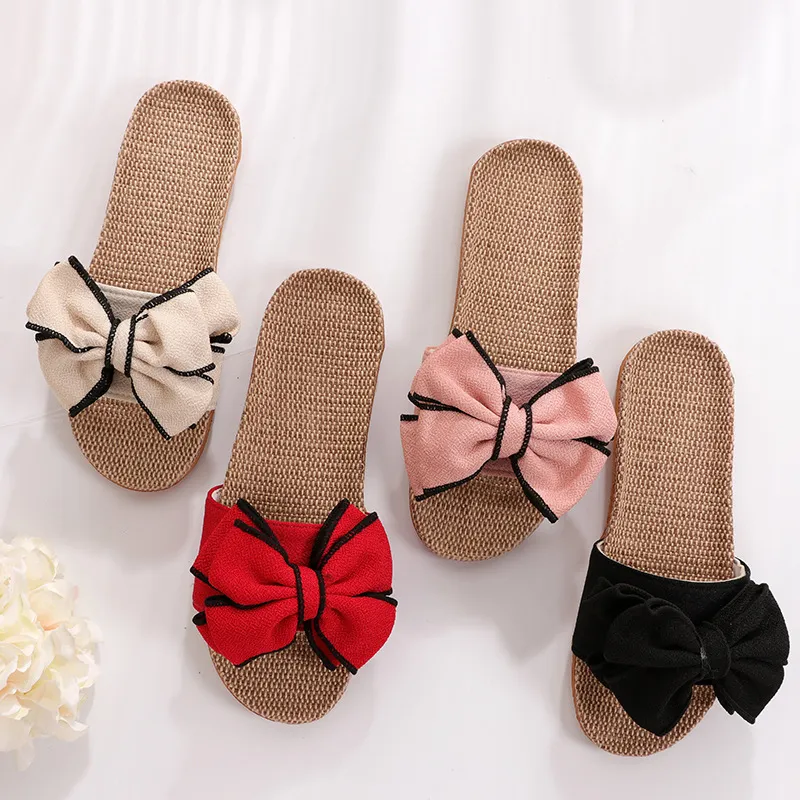 Mntrerm Casual for Home Slippers Summer Bowknot Soft Floor Woman Indoor Flats Shoes Cute Linen Slipper Terlik 220630