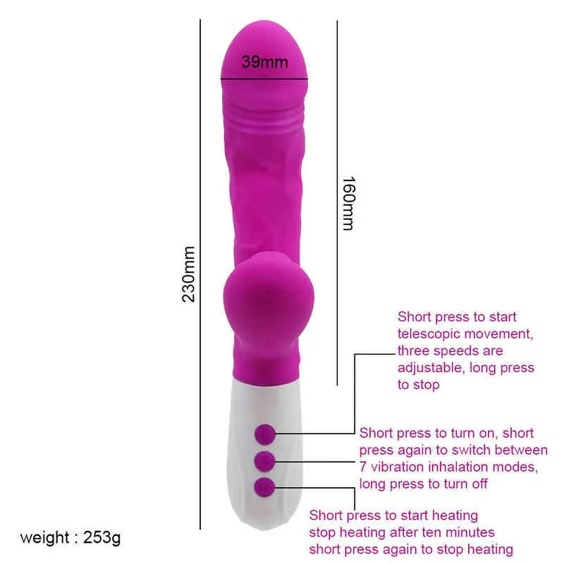 Nxy Vibrateurs Poussée Sucer Lapin Vibrateur pour Femmes Télescopique Rotatif Gode G Spot Masseur Chauffage 3 en 1 Anal Sex Toys 220505