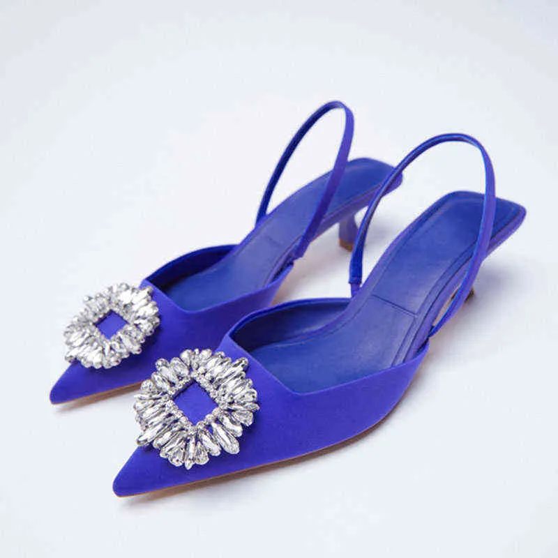 2021 nouvelle marque femmes cristal bleu rouge sandales mode boucle Slingback sandales mince talon bas dames élégantes femmes pompes chaussures G220525