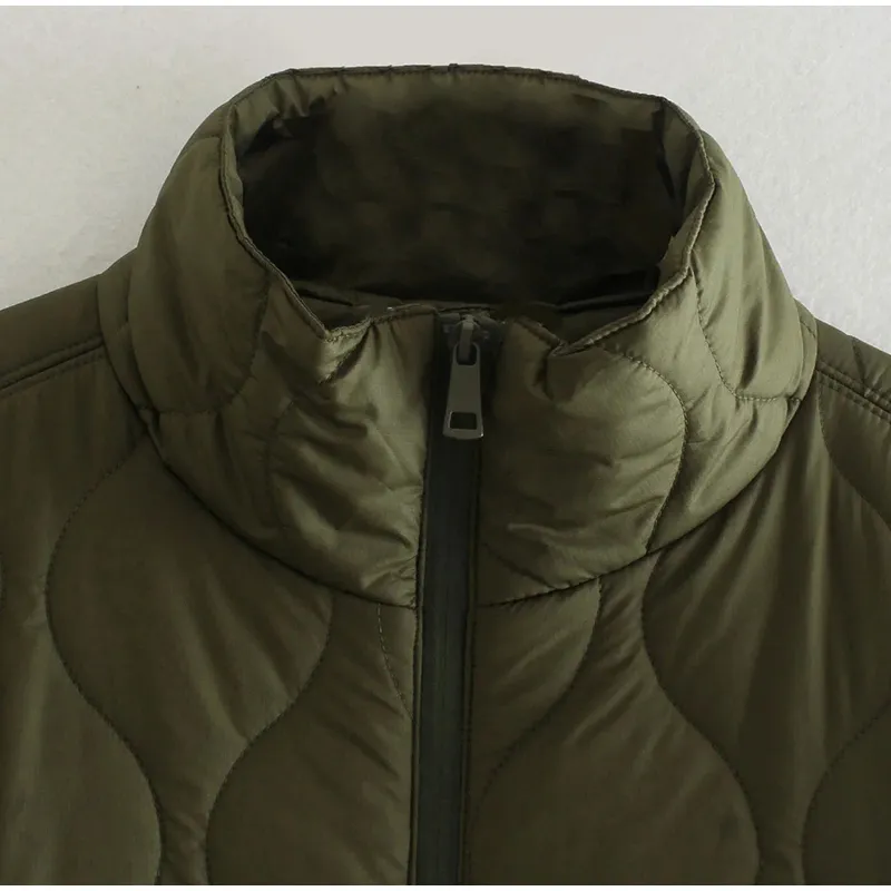 Women Army Green Winter Quilted Parkas Female Casual Long Sleeve Pocket Single Breasted Curved Hem Jacket Coat 220812