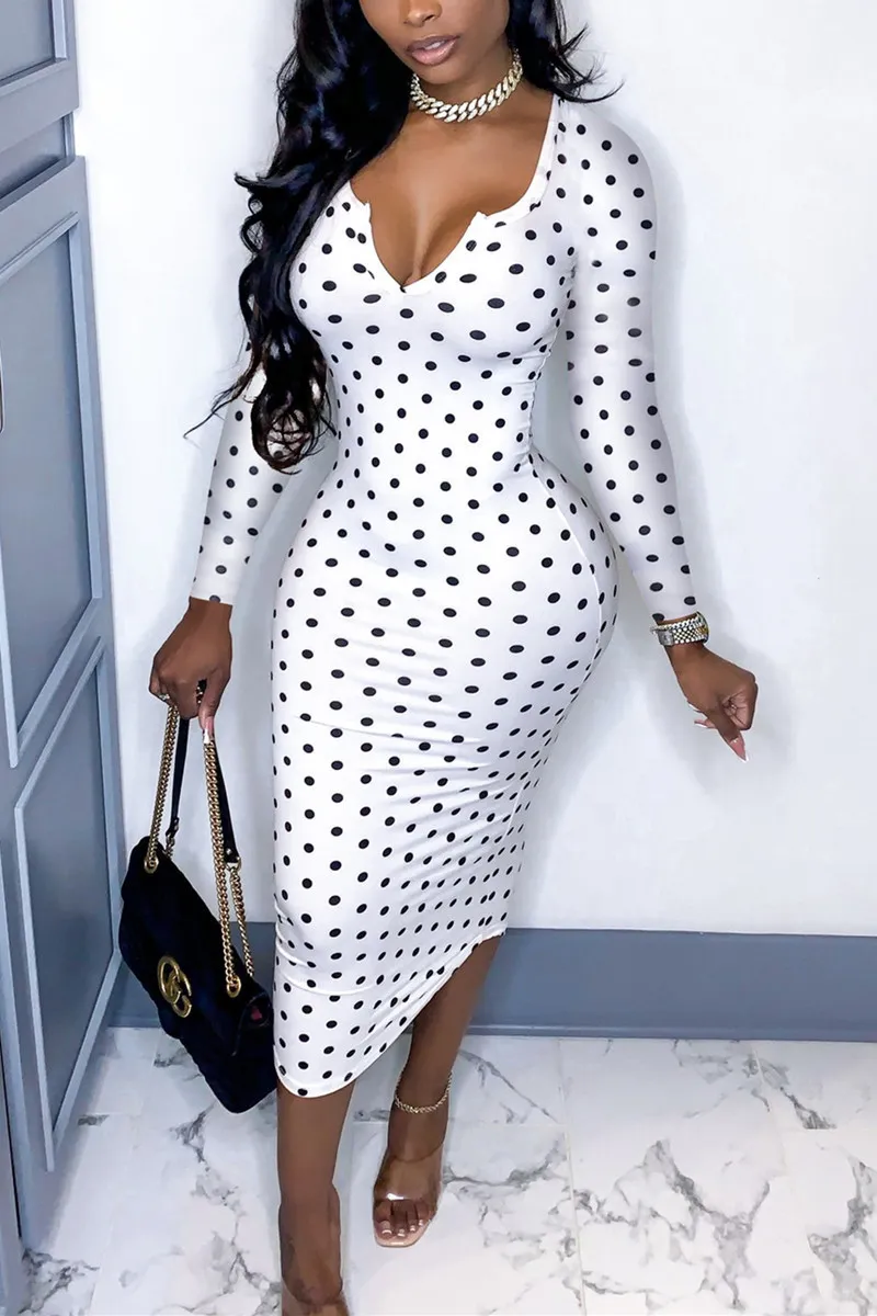 Sexy Deep V Low Cut Bodycon Midi Dress Vintage Dames Polka Dot Sheath Office Lady Skinny Long Sleeve Autumn Spring 220521