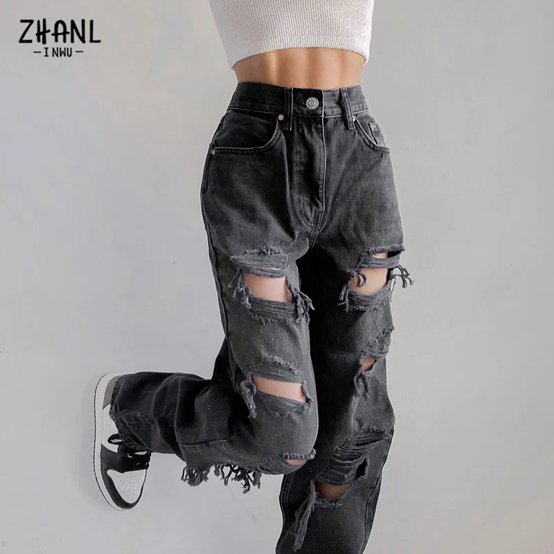 Jeans strappati neri a vita alta donna Abiti vintage y2k Pantaloni denim dritti moda Streetwear Hole Hip Hop Pant jeans 220701